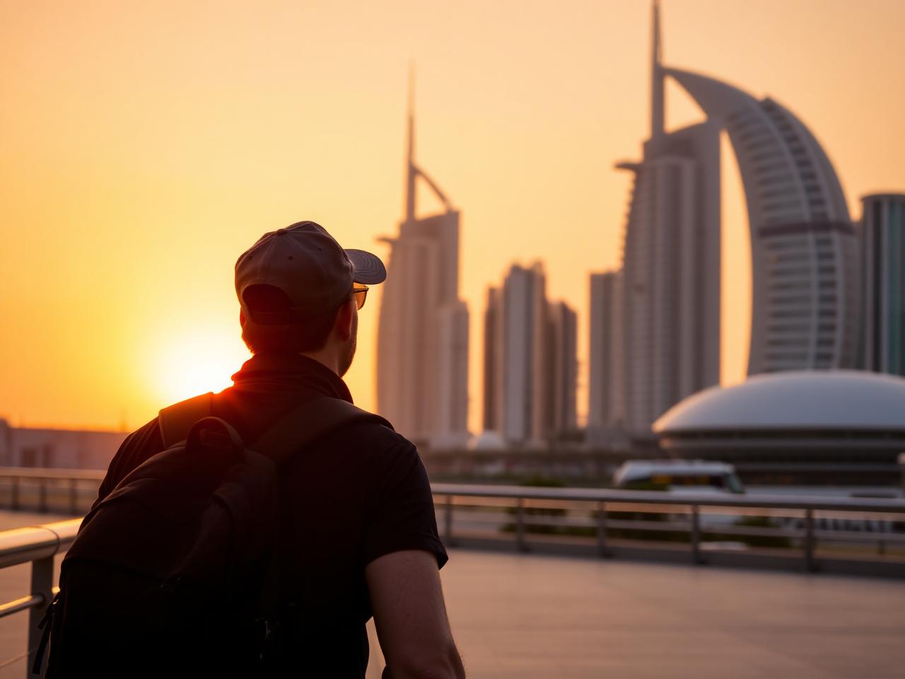 Traveller arriving in Abu Dhabi at sunset